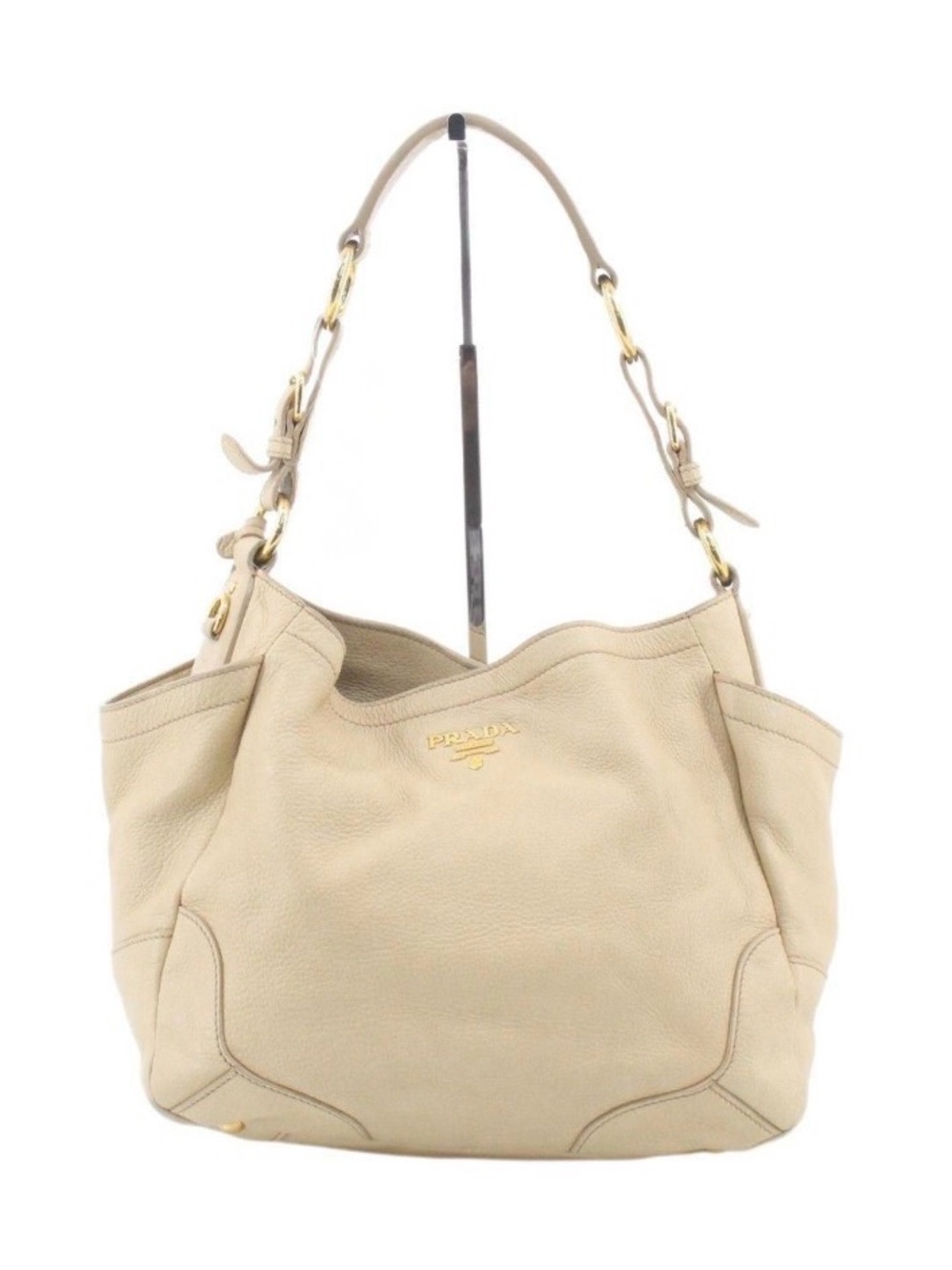 Prada Beige Pebbled Leather Shoulder Bag with Gold Hardware